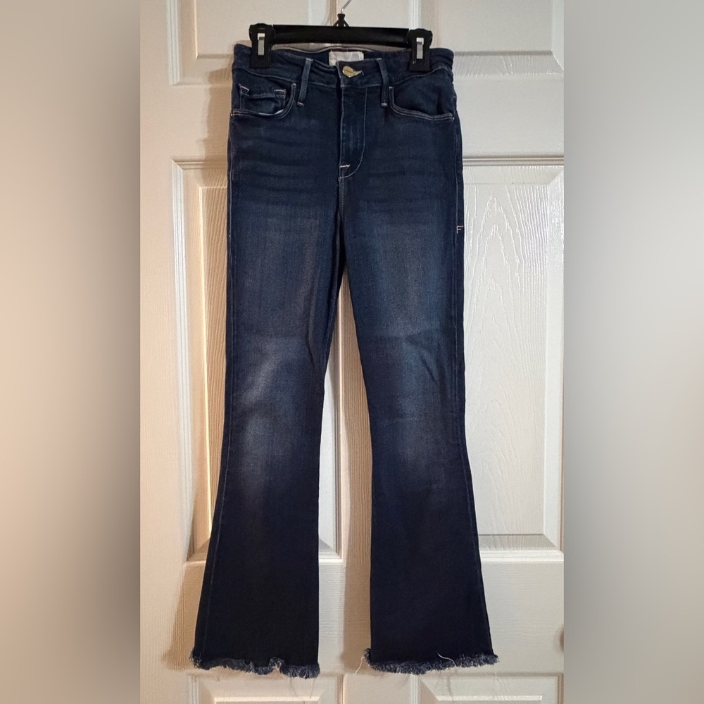 FRAME Le Crop Mini Boot Jeans Womens 26 Dark Wash Cropped Flare Raw Hem Designer